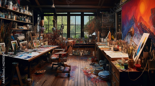 Detailed, panoramic shot of an artist's studio, scattered with crafting supplies, the chaos of creation, paints, brushes, half - finished canvases
