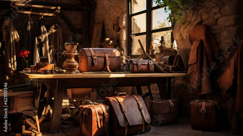 Handcrafted leather goods arranged in a rustic setting, rich brown tones, detailed textures, craftsmanship, sunlight casting long shadows