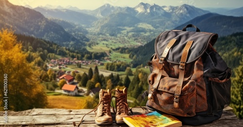backpack with shoes and map at table in mountain landscape Generative AI