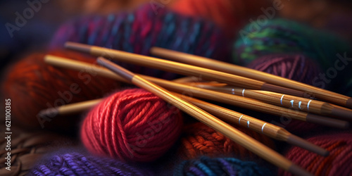 Hyper - realistic photograph of a pair of well - worn, wooden knitting needles nestled in a pile of vibrant wool. Warm, cozy ambiance