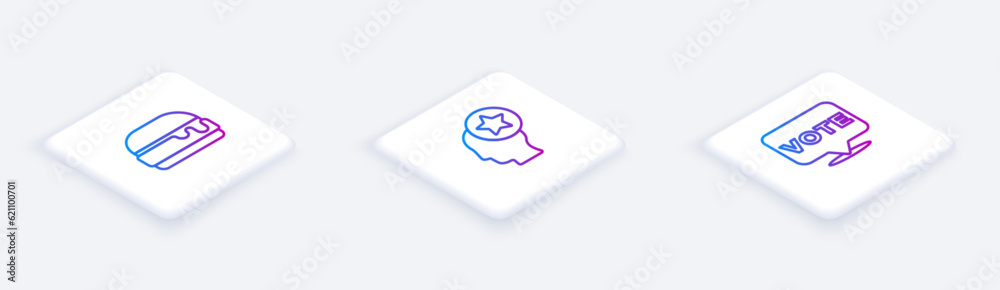 Set Isometric line Burger, USA Head and Vote. White square button. Vector Set Isometric line Burger, USA Head and Vote. White square button. Vector