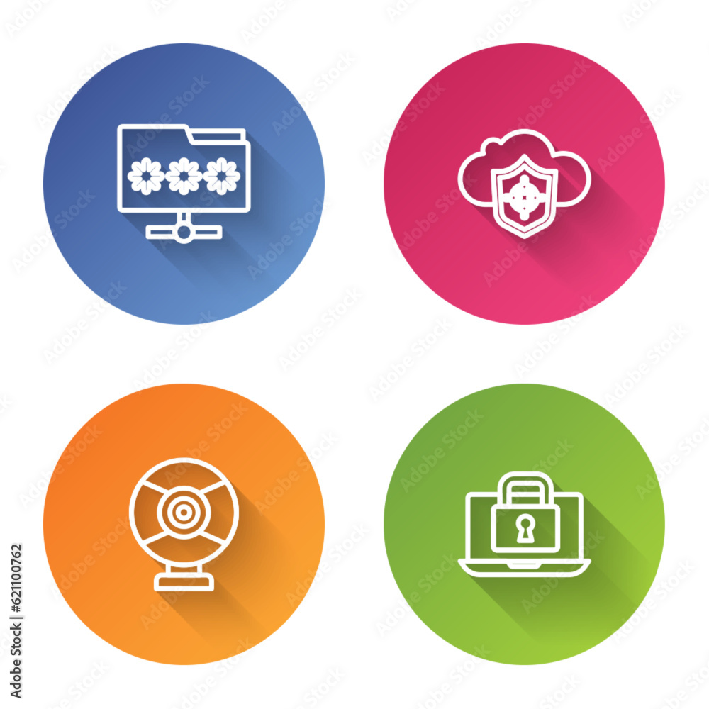Set line Folder with password, Cloud and shield, Security camera and Laptop lock. Color circle button. Vector Set line Folder with password, Cloud and shield, Security camera and Laptop lock. Color circle button. Vector