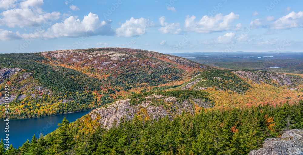 Fall colors from the Pemetic Ridge Trail in Acadia National Park - view of Jordan Pond and the Bubbles