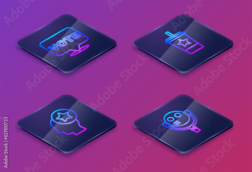 Set Isometric line Vote, USA Head, Paper glass with straw and Tourist binoculars. Blue square button. Vector