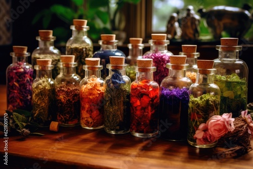 There are bottles of tinctures or infusions created from useful medicinal herbs and plants on a wooden table. botanical remedies