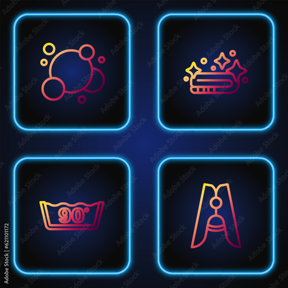 Set line Clothes pin, Temperature wash, Soap water bubbles and Towel stack. Gradient color icons. Vector