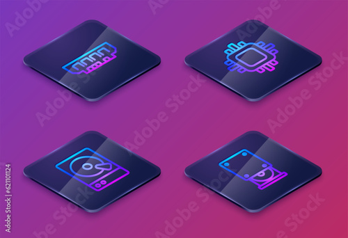 Wallpaper Mural Set Isometric line RAM, random access memory, Hard disk drive HDD, Processor with CPU and Optical disc. Blue square button. Vector Torontodigital.ca