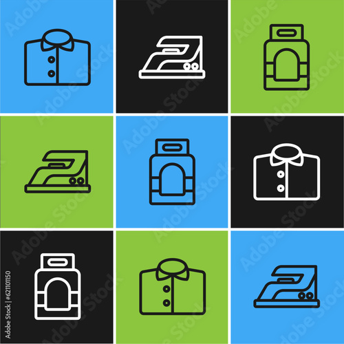 Set line T-shirt, Laundry detergent and Electric iron icon. Vector