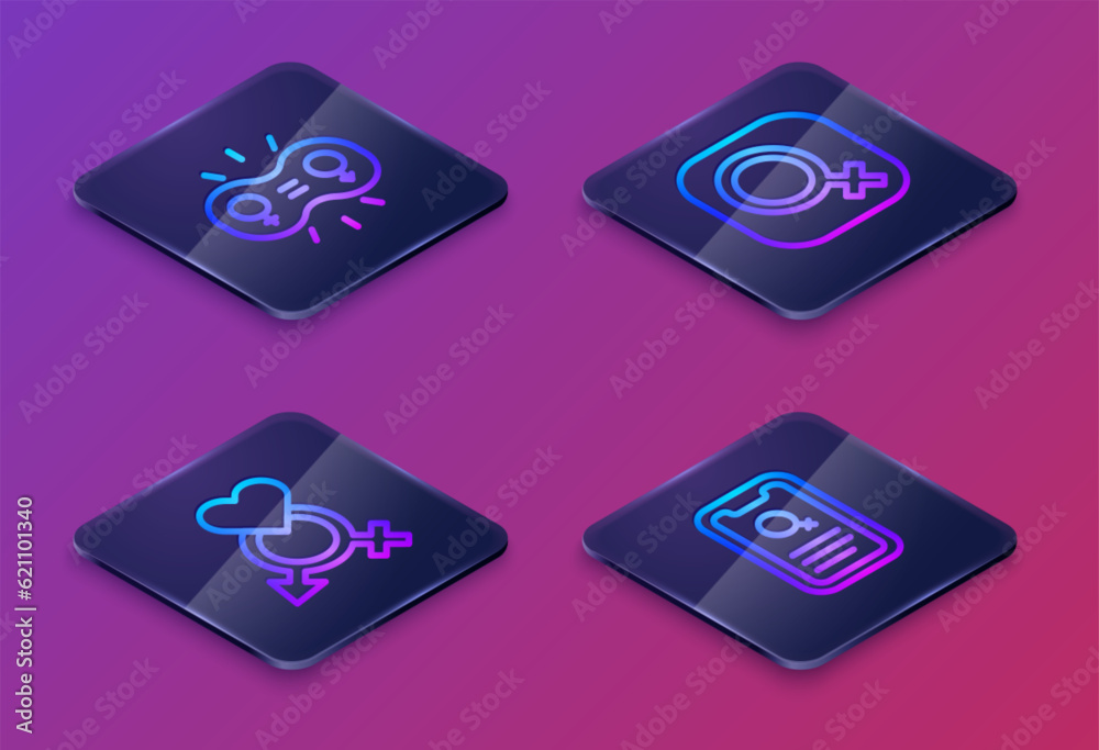 Set Isometric line Gender equality, Female gender and Dating app. Blue square button. Vector Set Isometric line Gender equality, Female gender and Dating app. Blue square button. Vector
