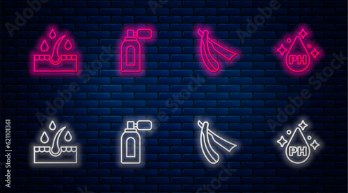 Set line Aftershave with atomizer, Straight razor, Oil for hair care treatment and . Glowing neon icon on brick wall. Vector