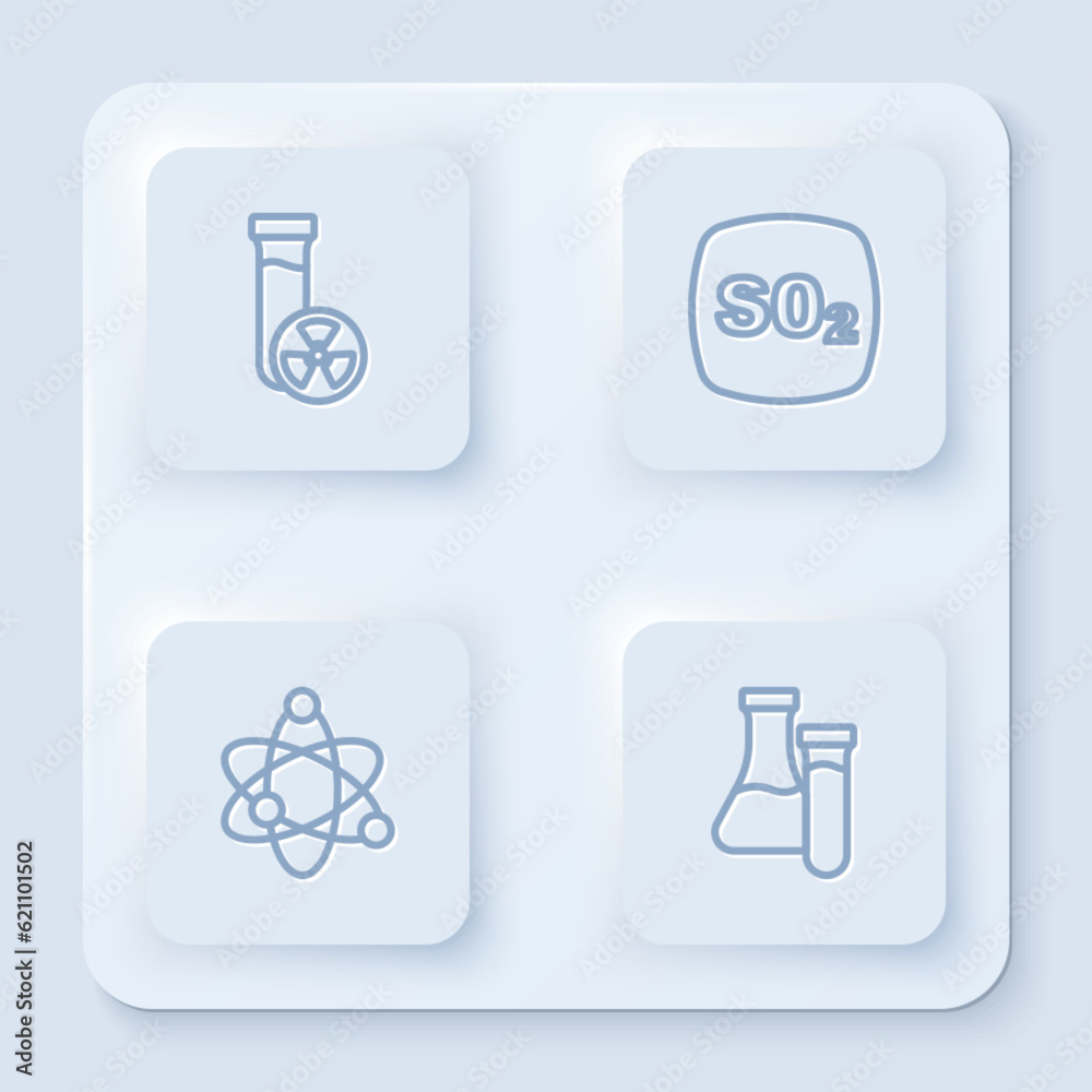 Set line Test tube with toxic liquid, Sulfur dioxide SO2, Atom and . White square button. Vector Set line Test tube with toxic liquid, Sulfur dioxide SO2, Atom and . White square button. Vector