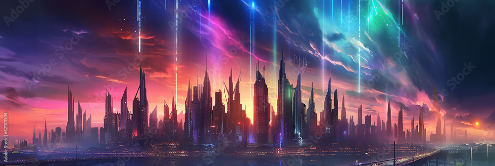Futuristic cityscape panorama in the dusk. Sci-fi skyline, vista of a metropolis. futuristic skyscrapers on a new planet in space. Background with digital illustration for banner and displays. AI art
