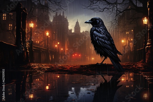 Nocturnal Watcher A Majestic 3D Raven Observing the Dimly Lit Road