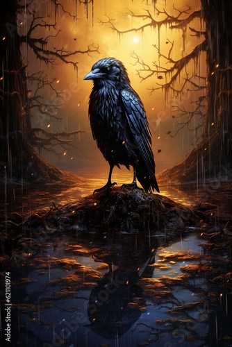 Nightfall Guardian A Brooding 3D Raven Amidst the Eerie Glow of the Streetlight