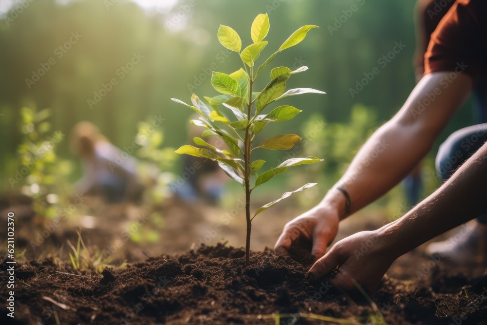 Fototapeta premium Man's hand planting a new tree in dirt in an urban park, created by Generative AI