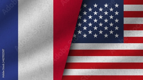 USA and France Realistic Two Flags Together, 3D Illustration