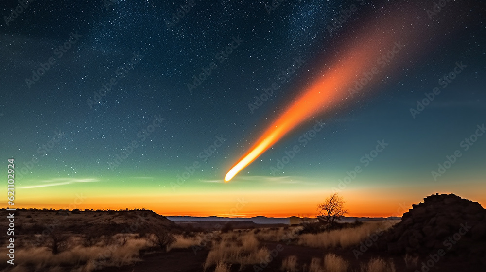 A mesmerizing illustration capturing a shooting comet or asteroid against the backdrop of a starry night sky. Generative AI
