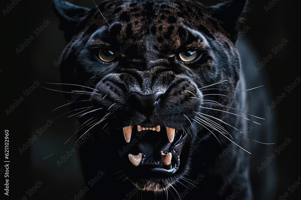 Close-up of a threatening black panther face on a dark background. black panther pictures of its face
