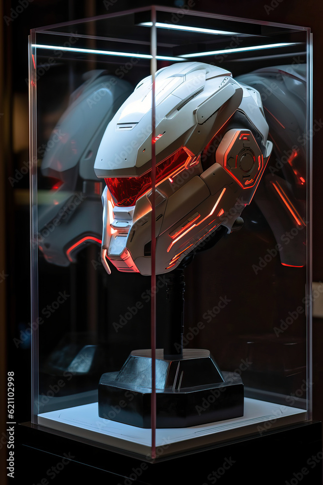 Fototapeta premium The display stand shows a white futuristic mechanical sense helmet