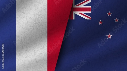 New Zealand and France Realistic Two Flags Together, 3D Illustration
