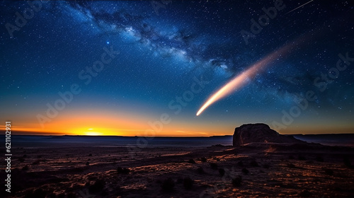 A mesmerizing illustration capturing a shooting comet or asteroid against the backdrop of a starry night sky. Generative AI 