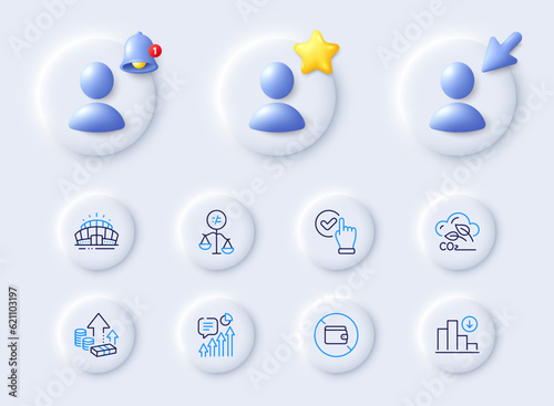 Arena stadium, Co2 gas and Kpi line icons. Placeholder with 3d cursor, bell, star. Pack of Wallet, Checkbox, Discrimination icon. Decreasing graph, Inflation pictogram. For web app, printing. Vector