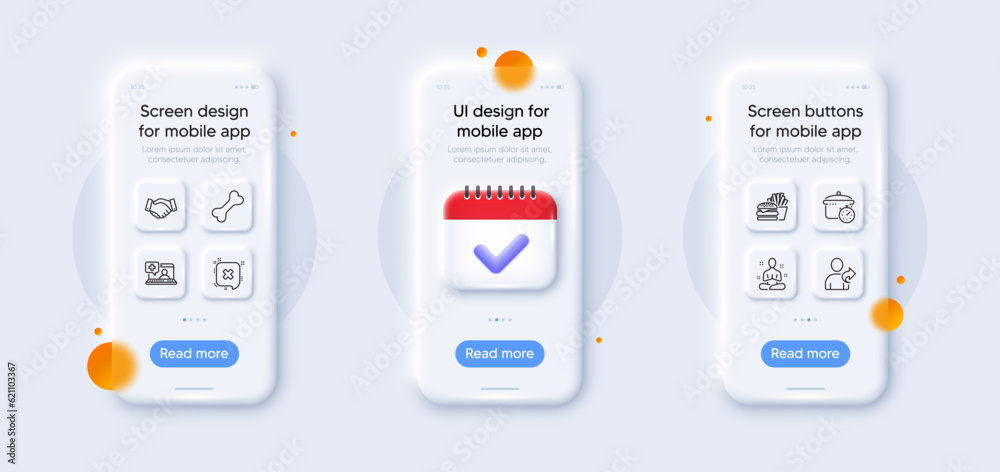 Dog bone, Refer friend and Medical help line icons pack. 3d phone mockups with calendar. Glass smartphone screen. Boiling pan, Reject, Employees handshake web icon. Yoga, Burger pictogram. Vector