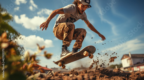 close-up of flying skateboard with kickflip trick