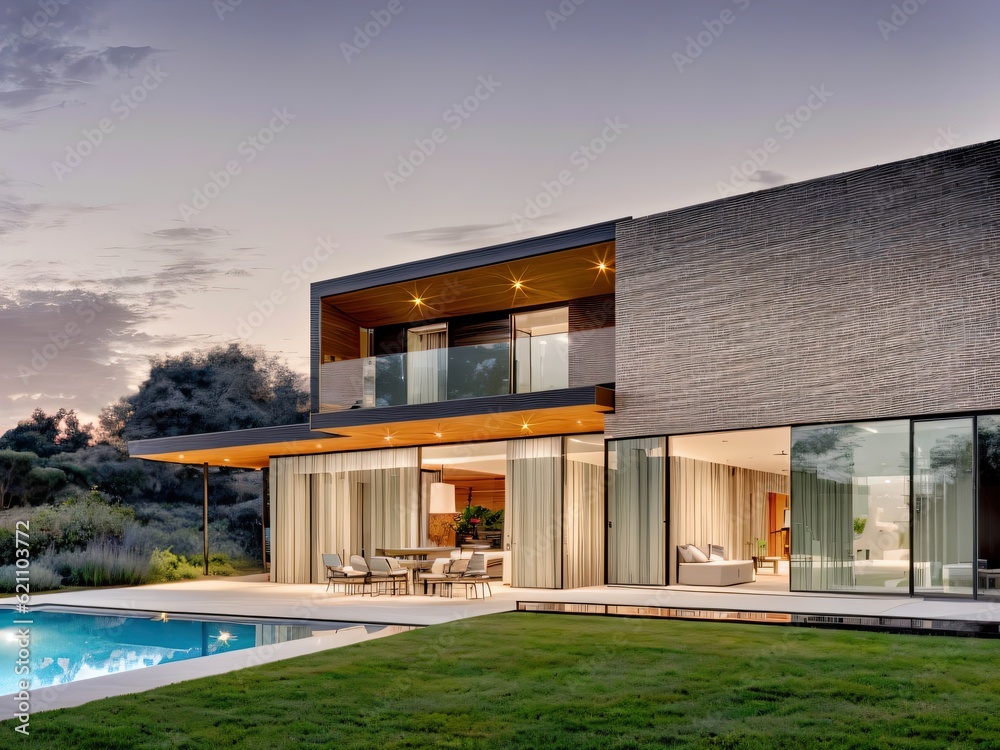 Panoramic of a luxurious and minimalist modern house with pool AI Generative Panoramic of a luxurious and minimalist modern house with pool AI Generative