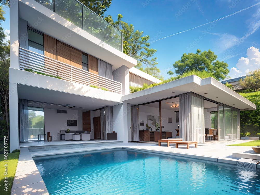 Panoramic of a luxurious and minimalist modern house with pool AI Generative 