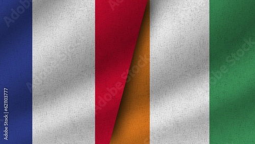 Cote d lvoire and France Realistic Two Flags Together, 3D Illustration photo