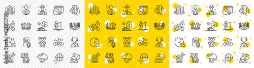 Outline Yoga balance, Bicycle lockers and Fishing float line icons pack for web with Winner cup, Leadership, Fisherman line icon. Basketball, Target goal, Arena stadium pictogram icon. Vector