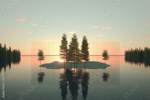 Lake with the sun setting over the water. made using generative AI tools
