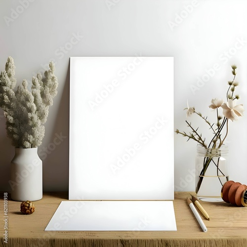 White card, blank sheet on wooden table surrounded by flowers and utensils