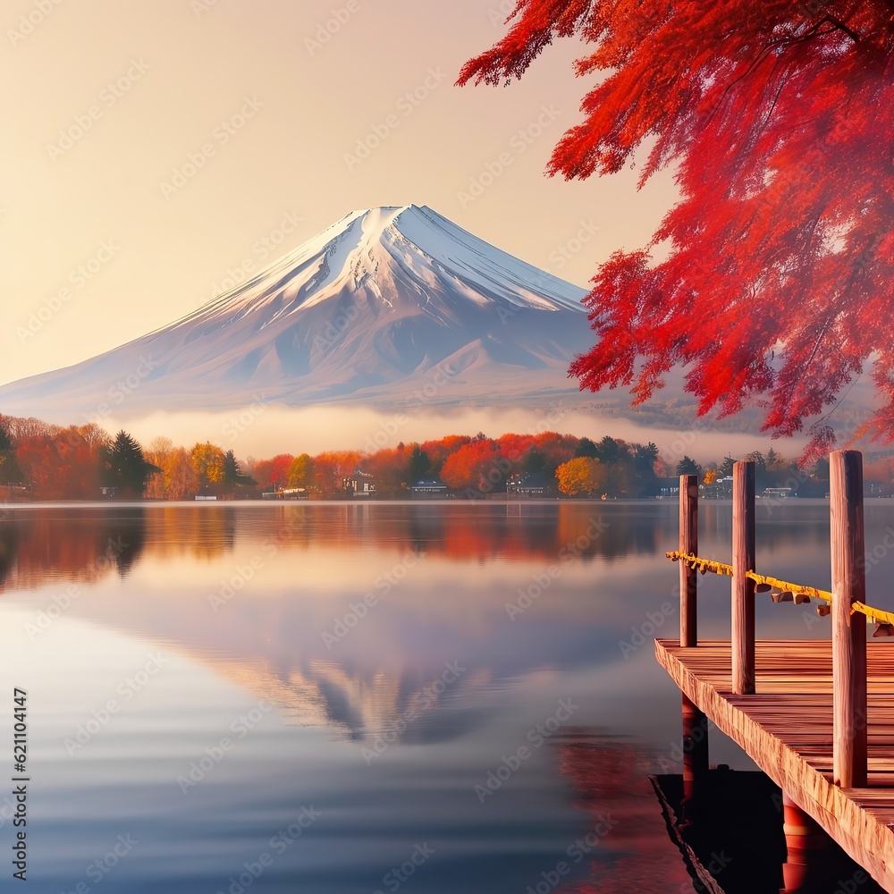 Colorful Autumn Season and Mountain Fuji with morning fog. Mountain peak emerges majestically through mist, creating a serene and tranquil atmosphere. Landscape of Japan's fall foliage. AI-generated