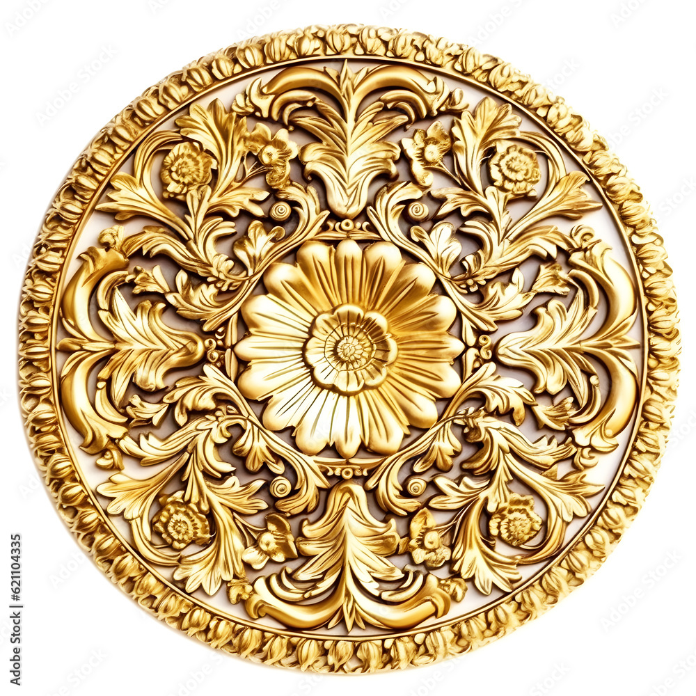 Texture of gold metals flower carved vintage background Ornament of gold plated vintage floral gold metal plate with classic ornament on white background, AI generated.