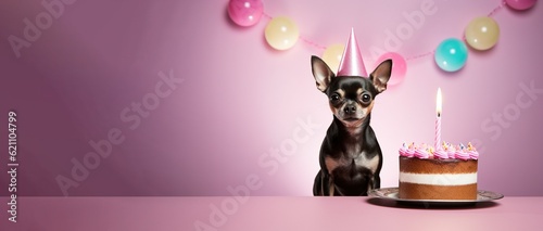 Chihuahua dog wearing a birthday hat waiting on a cake, canine  dog happy birthday, generative ai