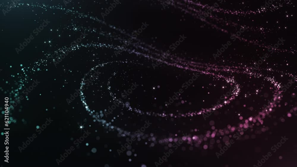 Abstract magic spiral particles background. Colorful magical particles and dark background.