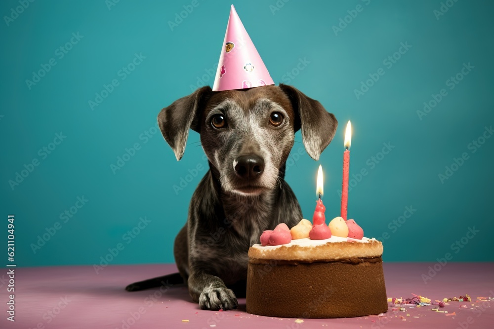 Plott Hound dog wearing a birthday hat waiting on a cake, canine dog