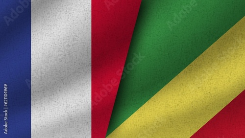 Republic of Congo and France Realistic Two Flags Together, 3D Illustration