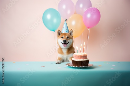 Shiba Inu dog wearing a birthday hat waiting on a cake, canine  dog happy birthday, generative ai