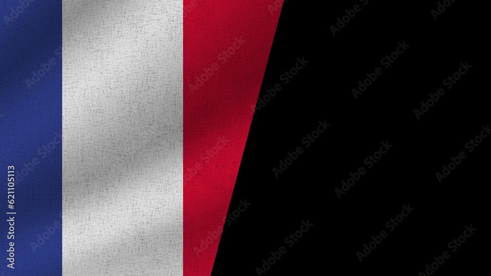 Black Background and France Realistic Two Flags Together, 3D Illustration