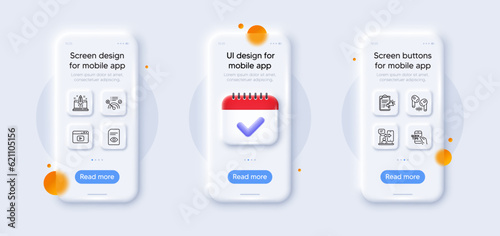 Education, Megaphone checklist and Start business line icons pack. 3d phone mockups with calendar. Glass smartphone screen. View document, Headphone, No internet web icon. Vector