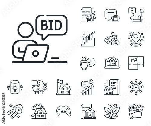 Bid offer sign. Floor plan, stairs and lounge room outline icons. Online auction line icon. Raise the price up symbol. Online auction line sign. House mortgage, sell building icon. Real estate. Vector
