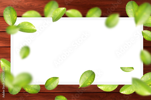 Green leaves on wooden background with space for text.