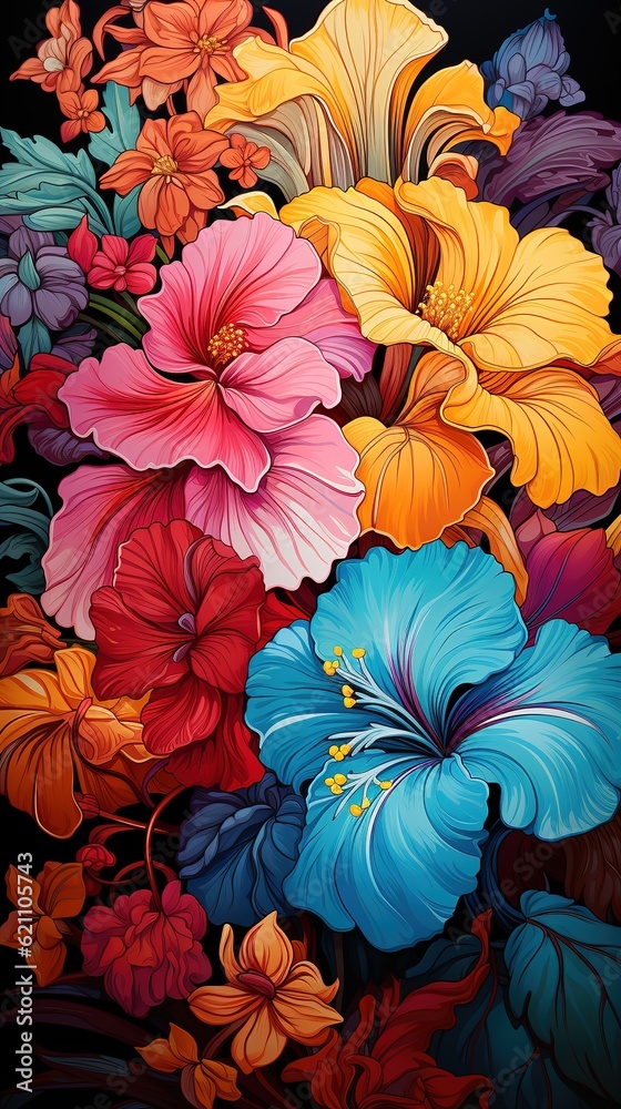 Hibiscus Haven A Vibrant Tapestry of Tropical Majesty, where Colorful Blossoms Paint the Landscape in a Symphony of Petal Perfection