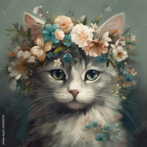 Portrait Of a Cute Cat With Flowers Crown White Green Eyes