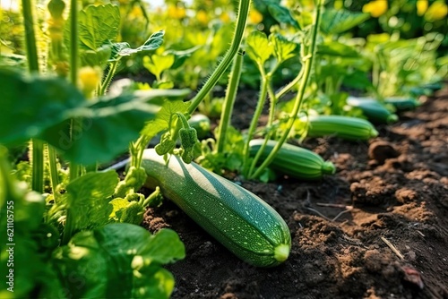On a warm day, young zucchini grow on a vegetable patch. A garden with fruits and vegetation. components for vegetarian food. additive-free healthy meals