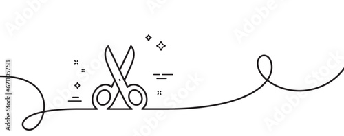 Cut line icon. Continuous one line with curl. Tailor, hairdresser or barber scissors sign. Shears symbol. Cut single outline ribbon. Loop curve pattern. Vector
