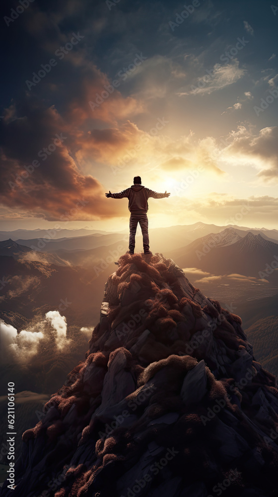 Man with his arms raised at the top of a mountain motivational generative ai